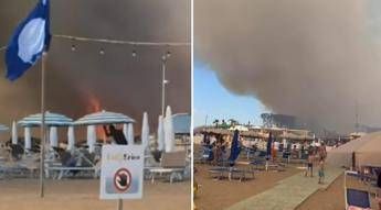 Incendio in pineta, fiamme lambiscono le spiagge di Baia Domizia: bagnanti in fuga – Video