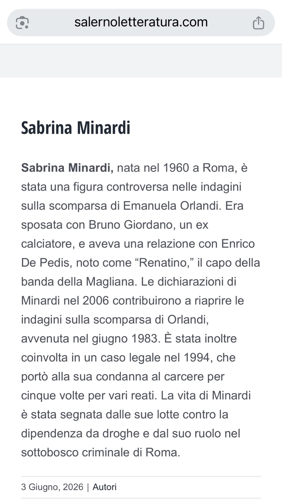 SaLet scambia la scrittrice Minardi per la testimone della Banda della Magliana